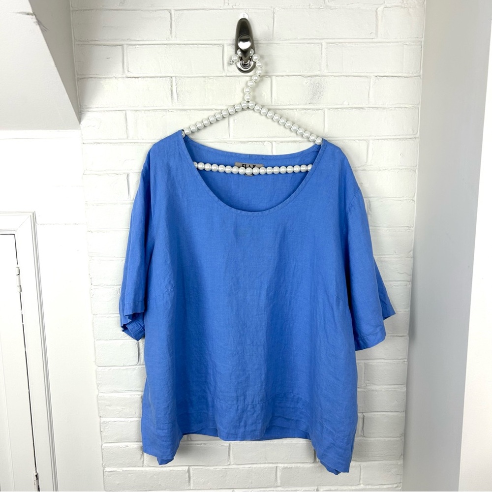 FLAX Plus Size Blue Linen Short Sleeve Top Size 1G 18/20